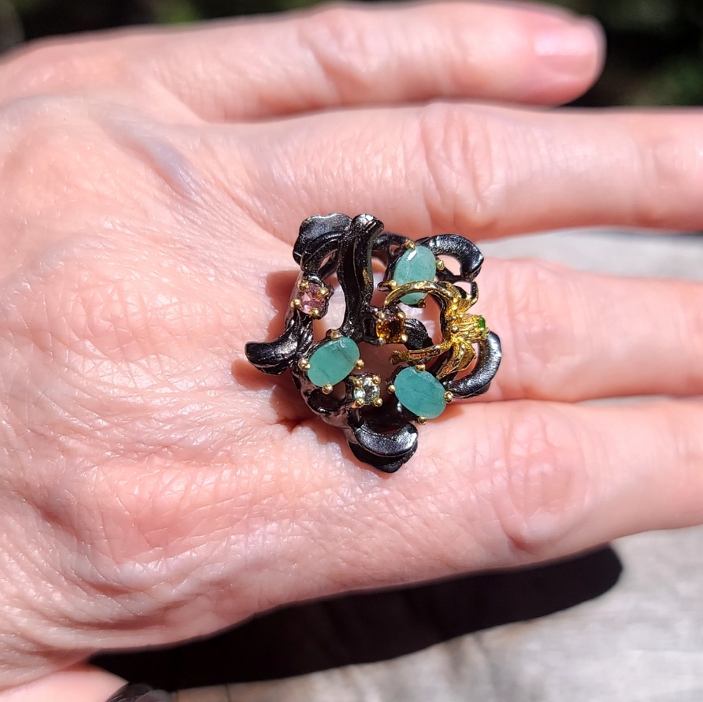 Emerald Peridot Tourmaline citrine aquamarine spider sterling silver ring sz9 - Picture 4 of 15